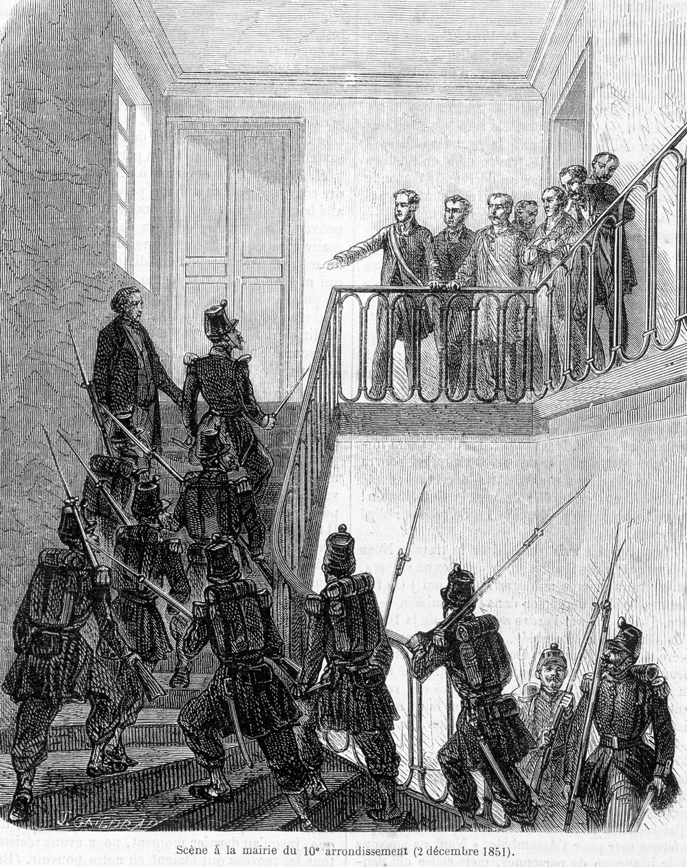 Vallankaappaus: kansanedustajien pidätys Pariisin 10. kaupunginosan kaupungintalolla 2. joulukuuta 1851. tekijältä Unknown artist