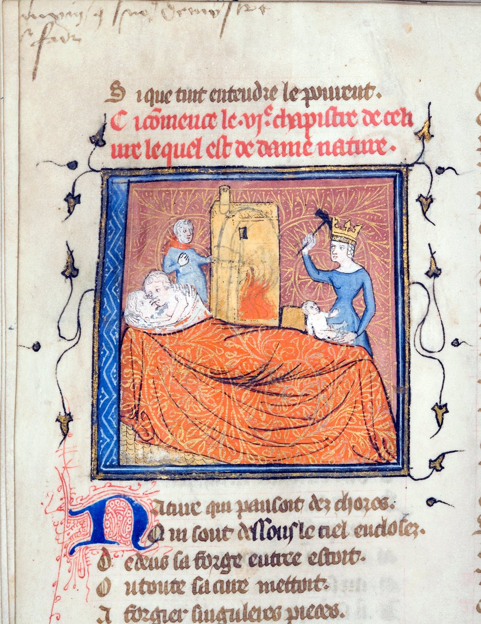 ""Parella abraçada en un llit, una reina mata un infant i un altre personatge crema una casa"" Pàgina il·luminada del manuscrit ""Le Roman de la Rose"" de Guillaume de Lorris (vers 1200-1238) i Jean de Meun (Meung) (1240-1305) c.1365 Universitfinnish tekijältä Unknown artist
