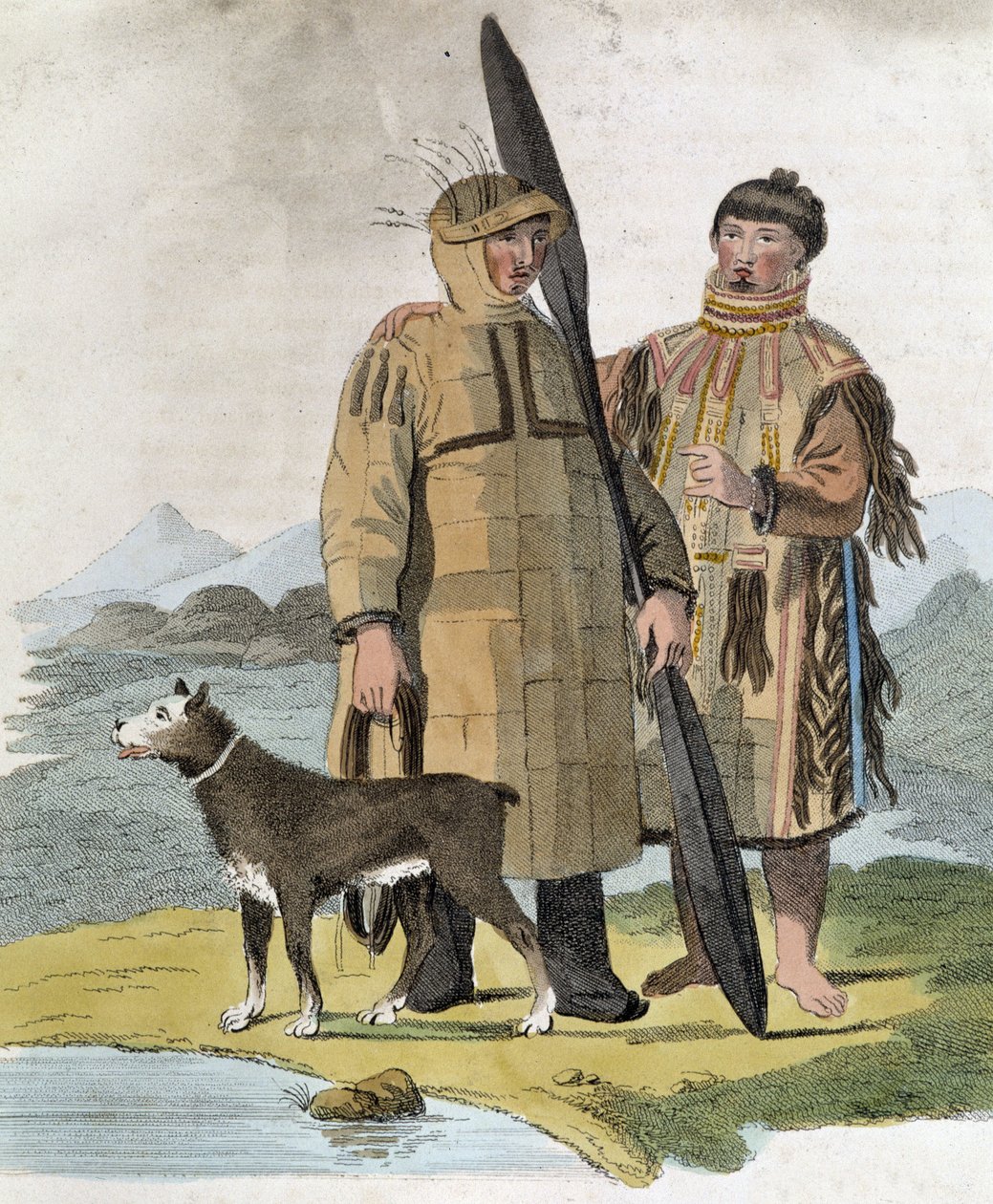 Pariskunta venäläisestä maakunnasta ja heidän koiransa - kaiverrus tekijältä Unknown artist