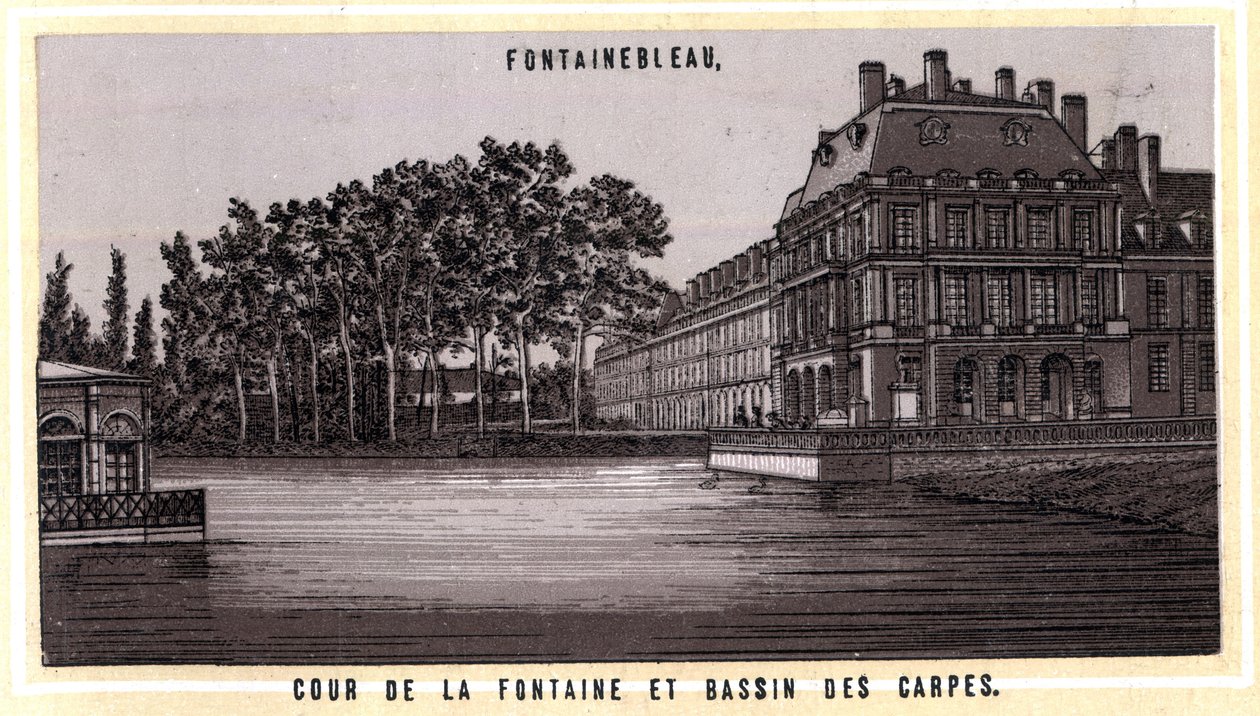 Fontainebleaun suihkulähteen ja Bassin des karppien tuomioistuin (Seine ja Marne, Ile-de-Francen alue, Ranska). 1800-luvun lopun kromolitografia. tekijältä Unknown artist