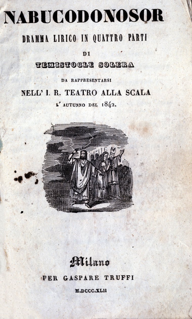 Kansi Giuseppe Verdin (1813 - 1901) Nabuccon ensimmäisestä libretosta, joka sai ensimmäisen nimen Nabucodonosor tekijältä Unknown artist