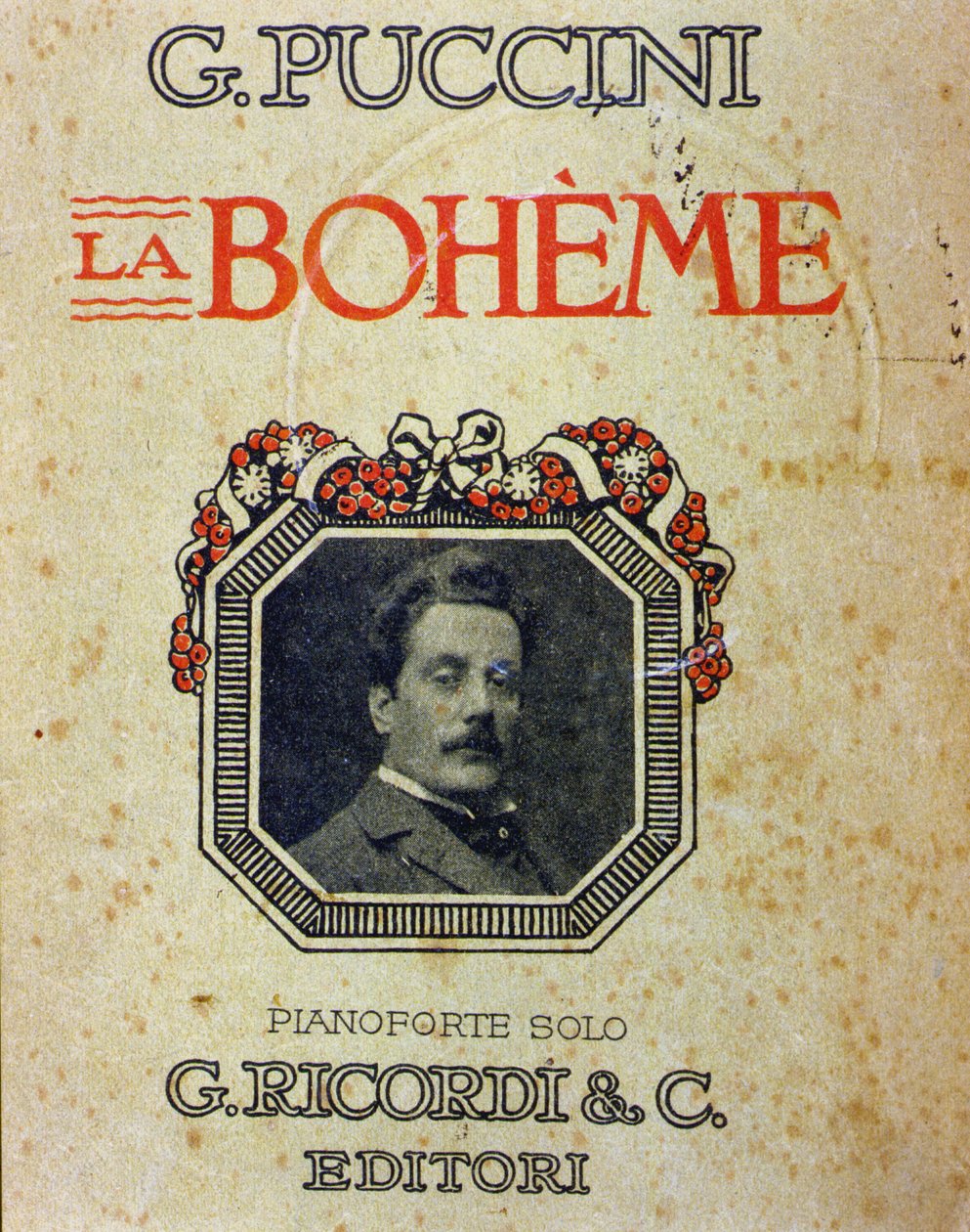 Puccinin (1858-1924) partituurin ”” La Bohème” kansikuva hänen muotokuvallaan. tekijältä Unknown artist