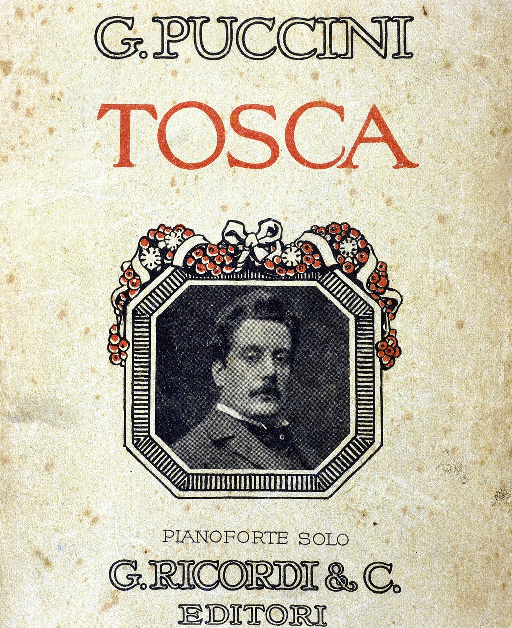 Giacomo Puccinin (1858-1924) partituurin "Tosca" kansikuva hänen muotokuvallaan. tekijältä Unknown artist
