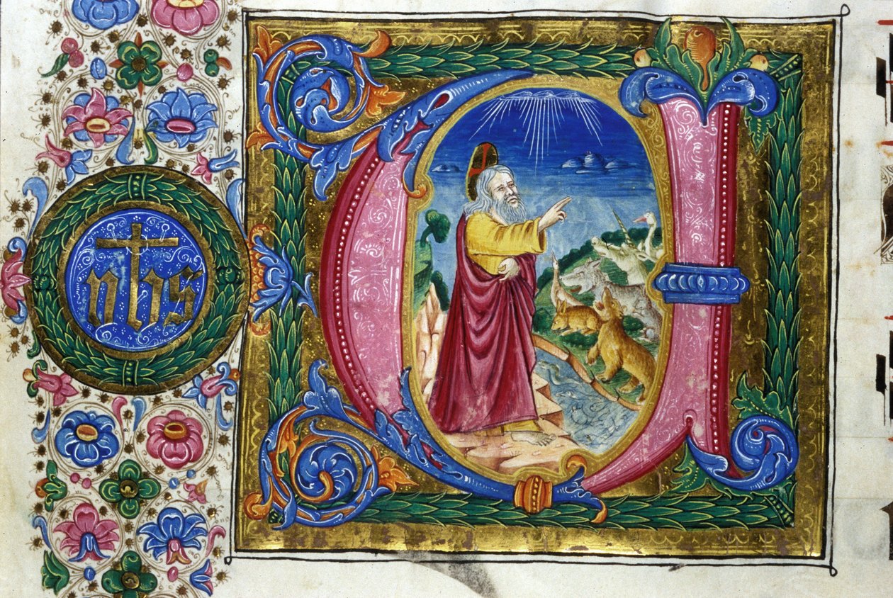 Luominen: Jumala ennen maan luotuja. 1500-luvun käsikirjoitus. Bibl. Nazionale Braidense, Milano. tekijältä Unknown artist
