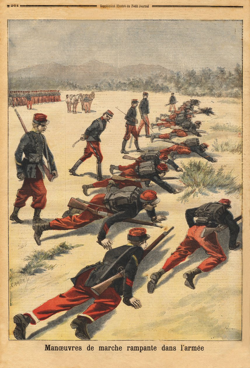 Hiipiviä kävelyliikkeitä armeijassa, kokeiluja uusilla tamponirannekkeilla, jotka suojaavat kämmentä. Kaiverrus "" Le petit Journal" -lehdessä 16.8.1896. Selvan kokoelma. tekijältä Unknown artist