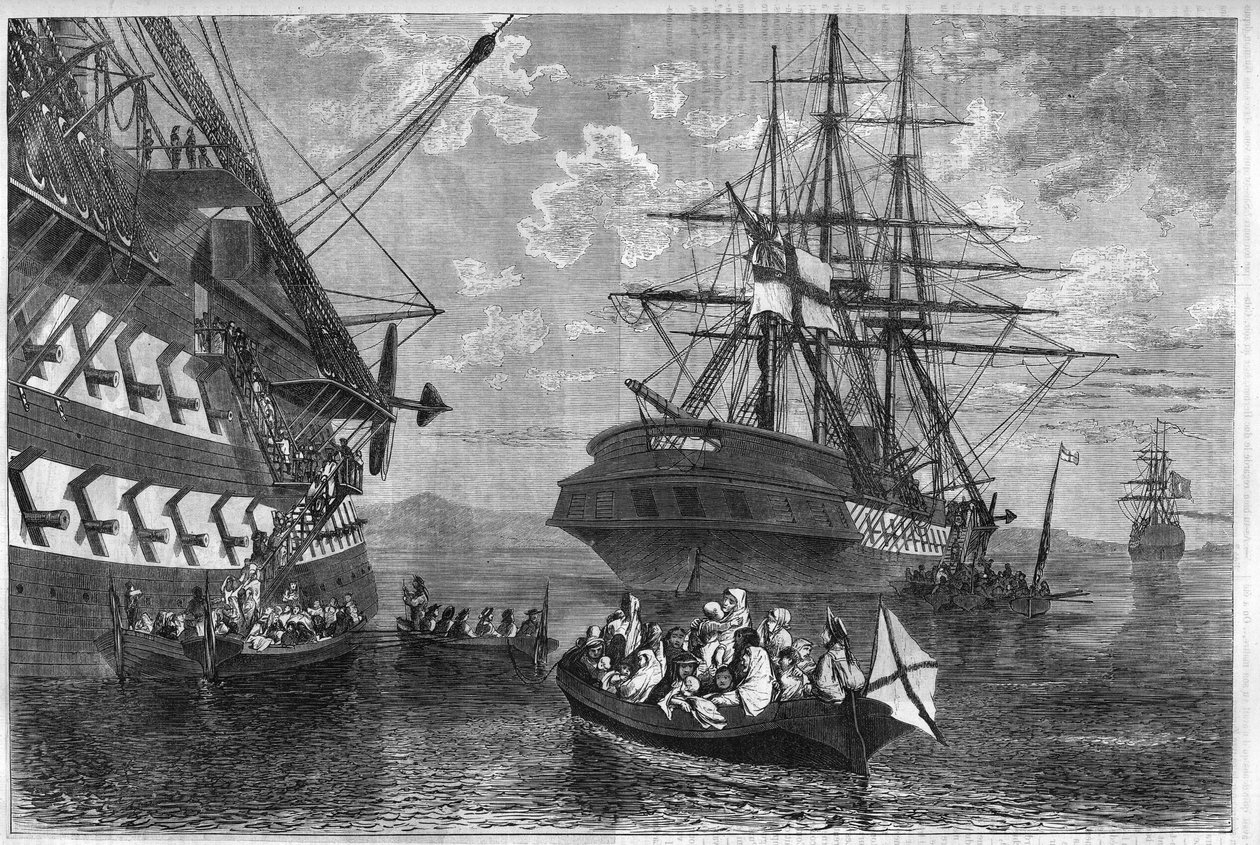 Kreetan kapina 1866-1869 (Kreetan saaren kapina Ottomaanien valtakuntaa vastaan): Kreetalaiset perheet hakevat turvapaikkaa neutraalien voimien laivoilla. Kaiverrus "" L
