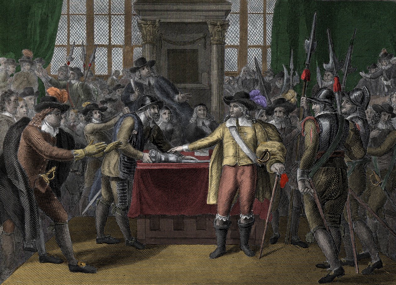 Cromwell hajottaa pitkän parlamentin - Rump-parlamentin - Oliver Cromwell (1599-1658) hajottaa Britannian parlamentin tekijältä Unknown artist