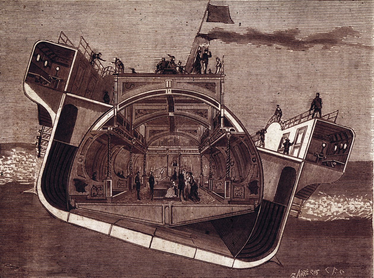 Henry Bessemerin (1813-1898) merisairautta vastaan suunnitteleman veneen poikkileikkaus. Kaiverrus 1800-luvulta. tekijältä Unknown artist