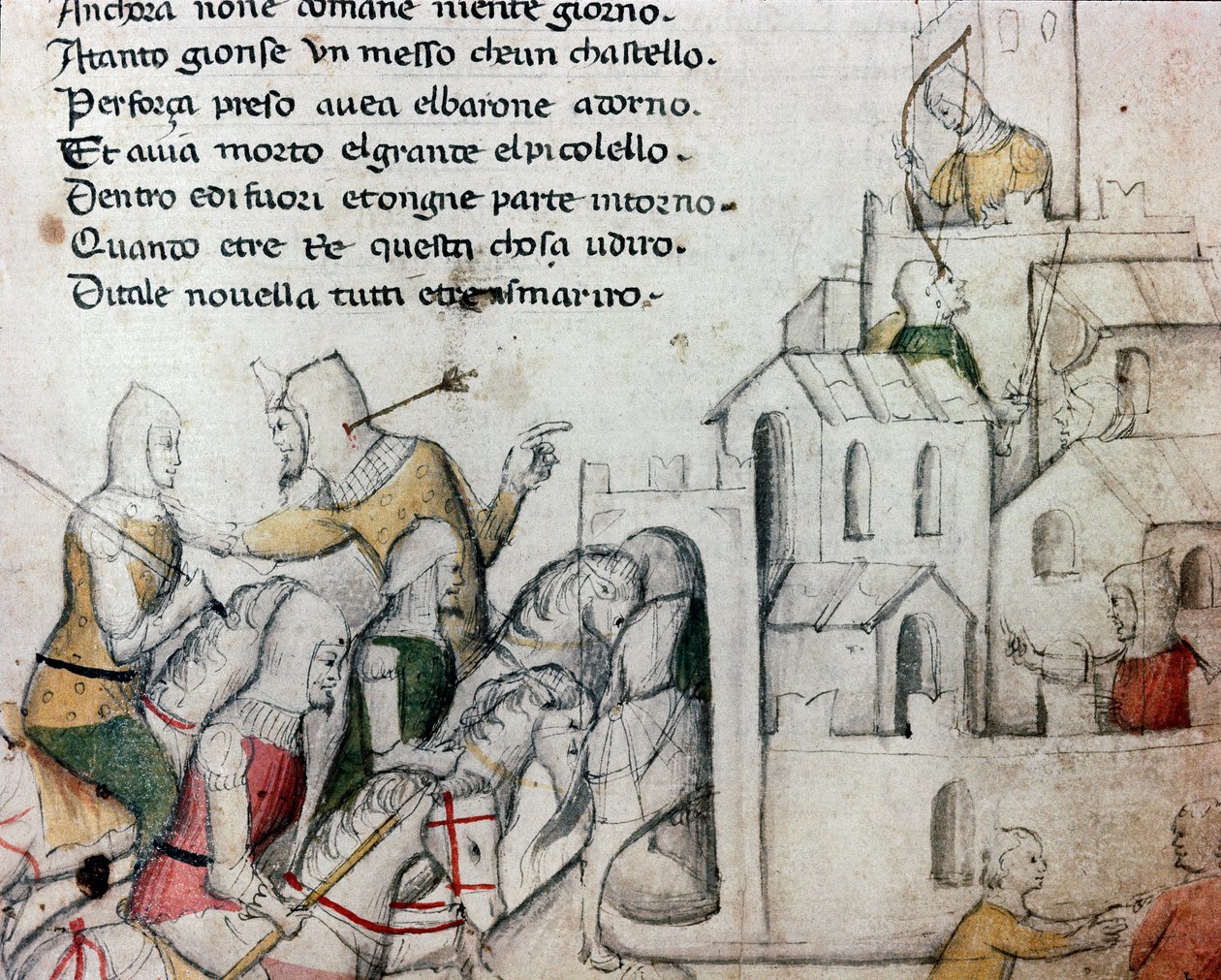 Ylitykset hyökkäämässä maurien linnoitusta vastaan Kuvitus toscanalaiseen runoon "" Febusso e Breusso" Käsikirjoitus MS.B.R.45. 1400-luvun Firenze, Nazionale Biblioteca tekijältä Unknown artist