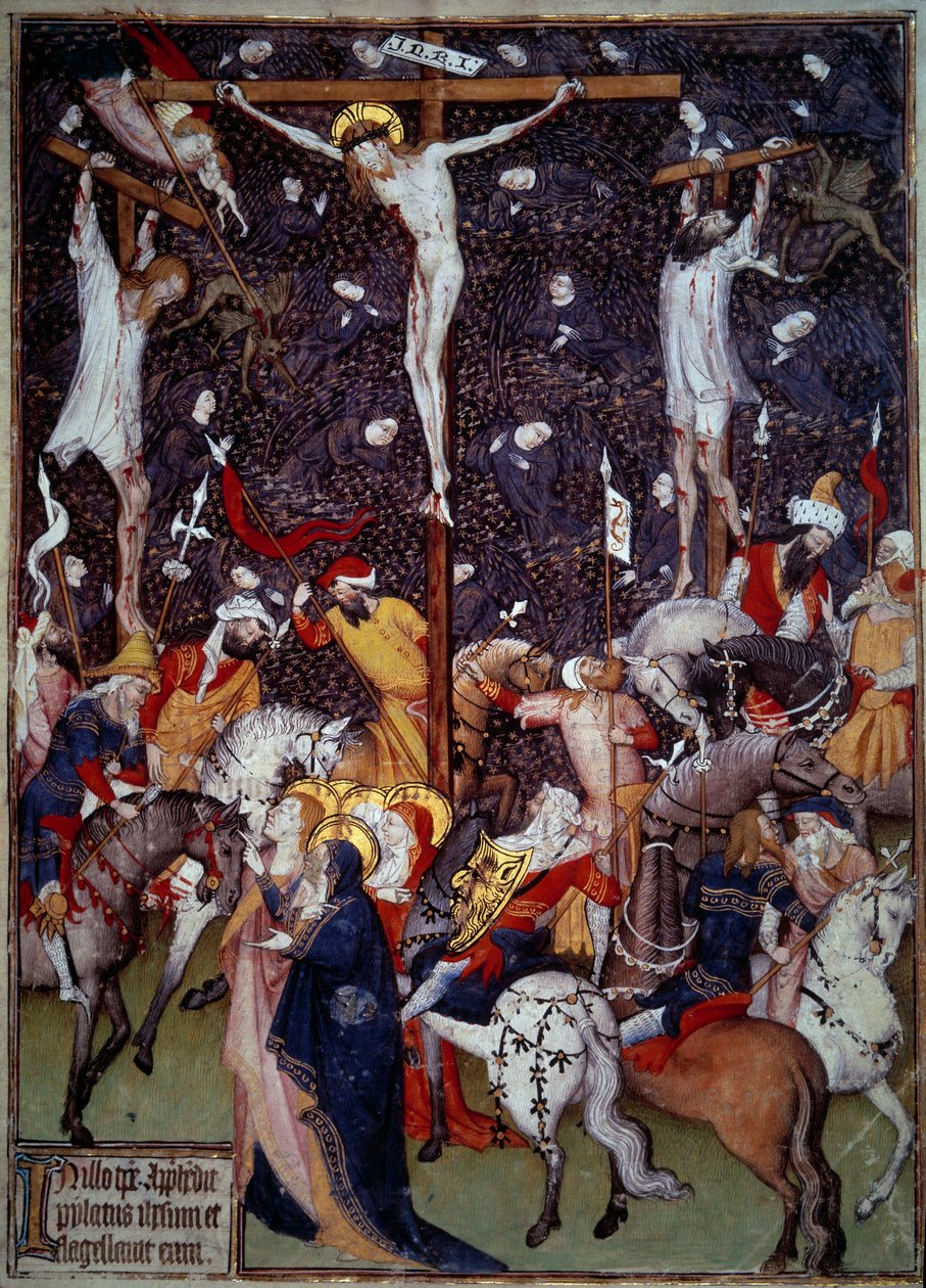 Ristiinnaulitseminen. Mustat enkelit lentävät vankien ruumiiden ympärillä. Roomalaiset hevosen selässä kääntyvät ristin ympäri pohtimaan kohtausta. Miniatyyri 1400-luvun käsikirjoituksesta. Paris, B.N. tekijältä Unknown artist