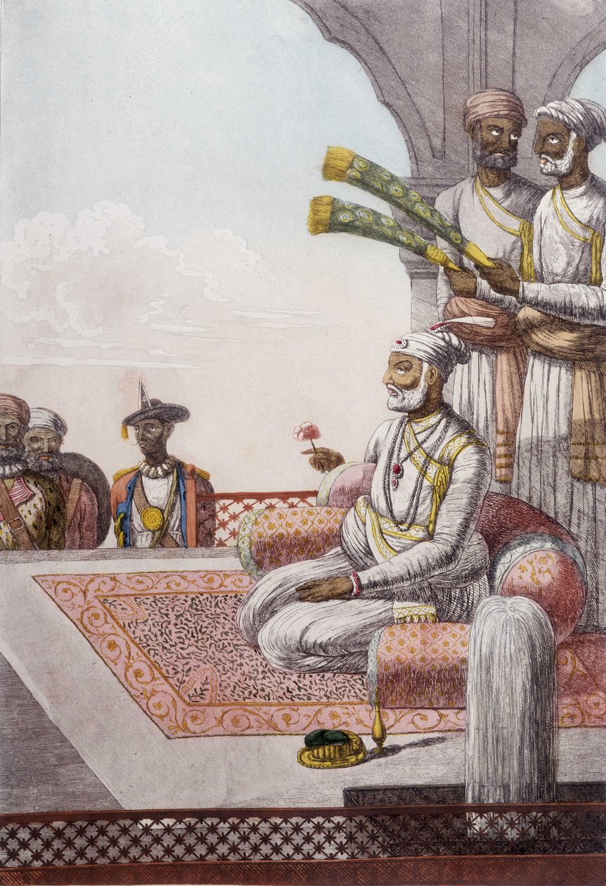 Kulttuuri, sivilisaatio ja intialainen yhteiskunta: Muotokuva Brahmanin (Rajah) suvereenista Intiassa. Kaiverrus vuodelta 1808. tekijältä Unknown artist