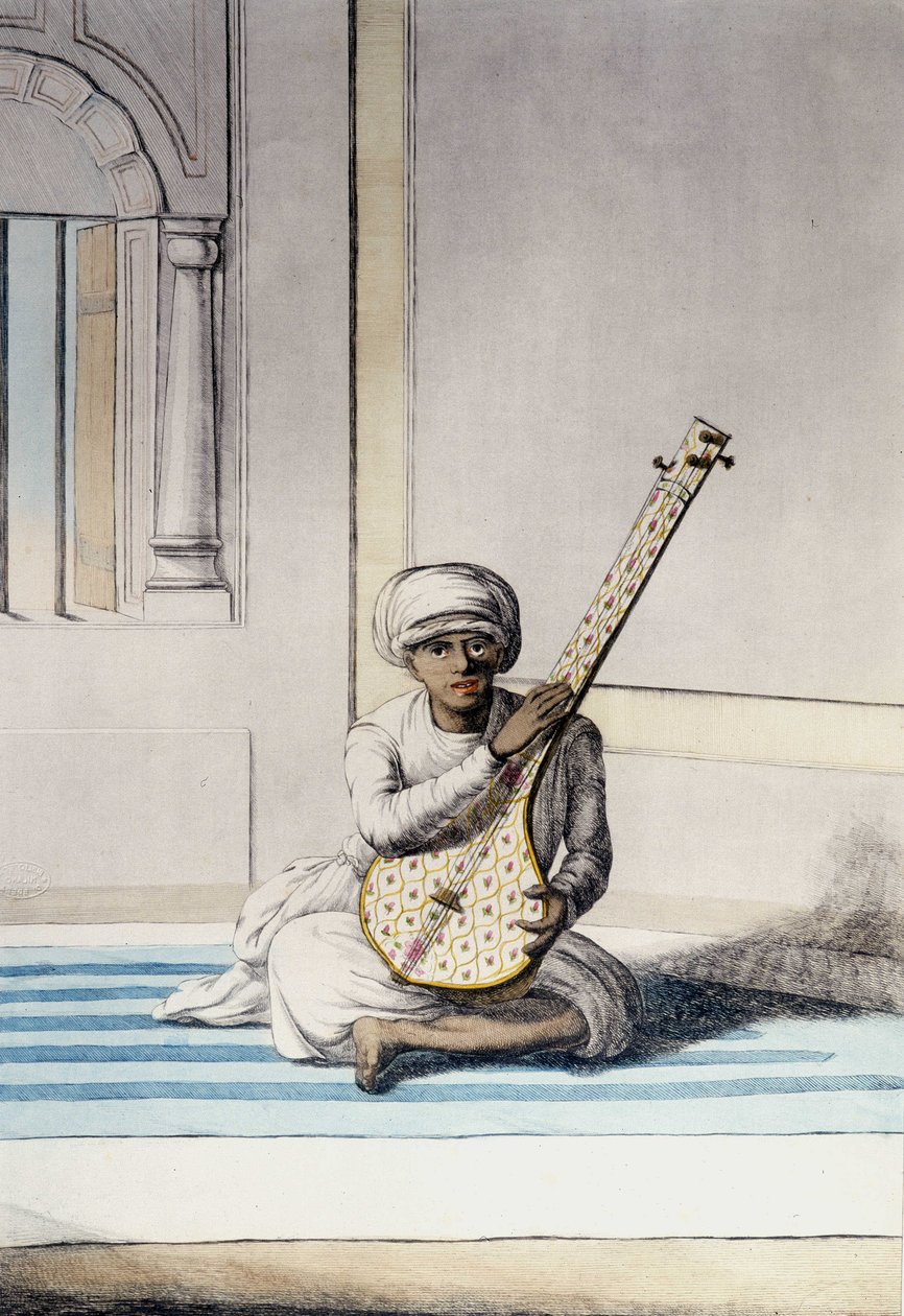 Kulttuuri, sivilisaatio ja intialainen yhteiskunta: Muusikko soittaa Thambourahia (Tamboura), perinteistä intialaista instrumenttia. Kaiverrus 1808. tekijältä Unknown artist