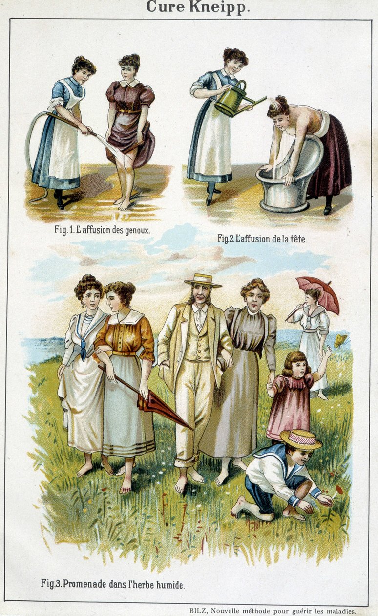 Parannuskeino Kneipp: polvien turvotus, pään turvotus, kävely märässä ruohossa - elokuvassa "Bilz, Natural Medicination", 1800-luvun loppu tekijältä Unknown artist