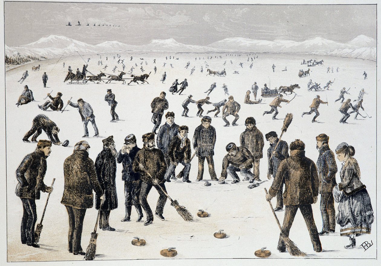 Curling jäätyneellä järvellä lähellä Halifaxia, Nova Scotia - "" Luonnokset kanadalaisista urheilu- ja ajanvietteistä", kirjoittaja Lieut. Henry Buckton Laurence tekijältä Unknown artist