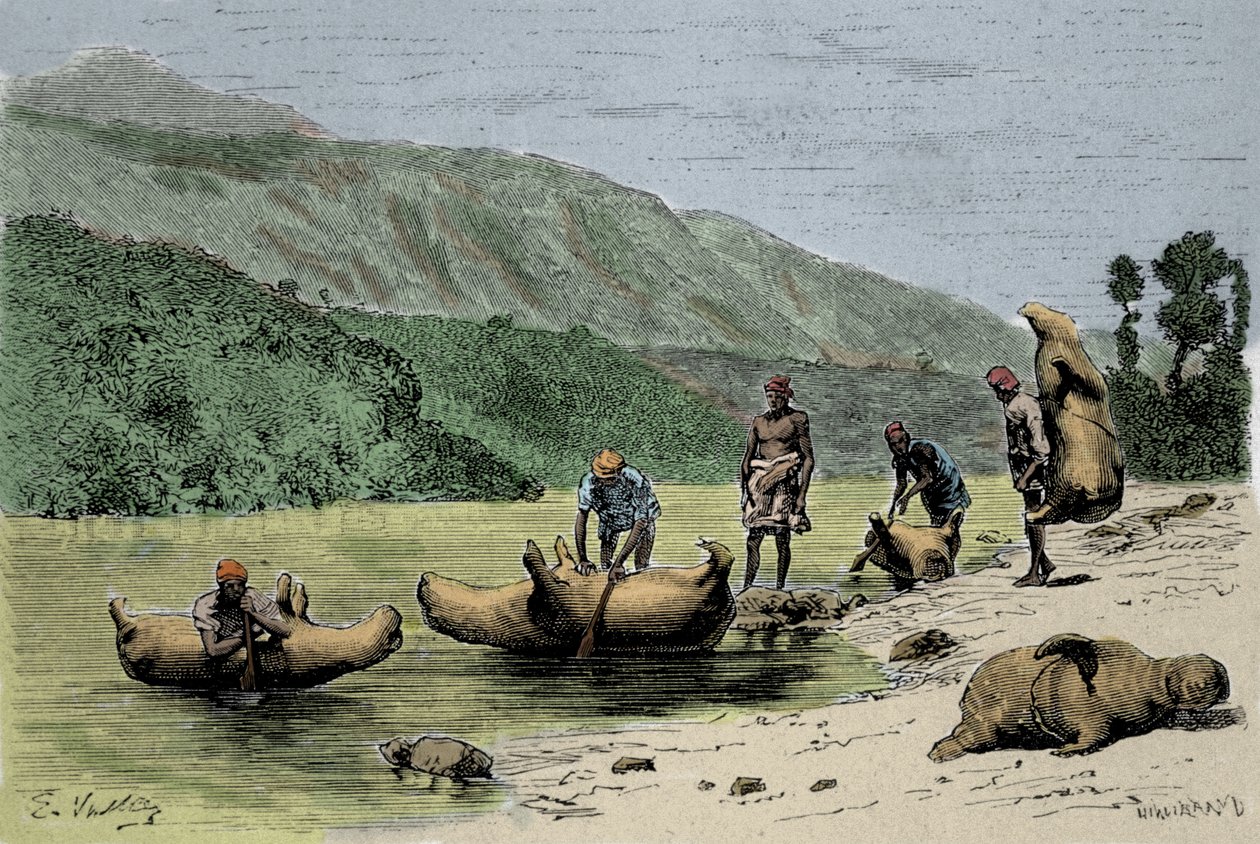 Tullit ja kuljetustavat: jokien ylittämiseen käytettyjen paisuneiden eläinten nahat. Kaiverrus 1800-luvulta tekijältä Unknown artist