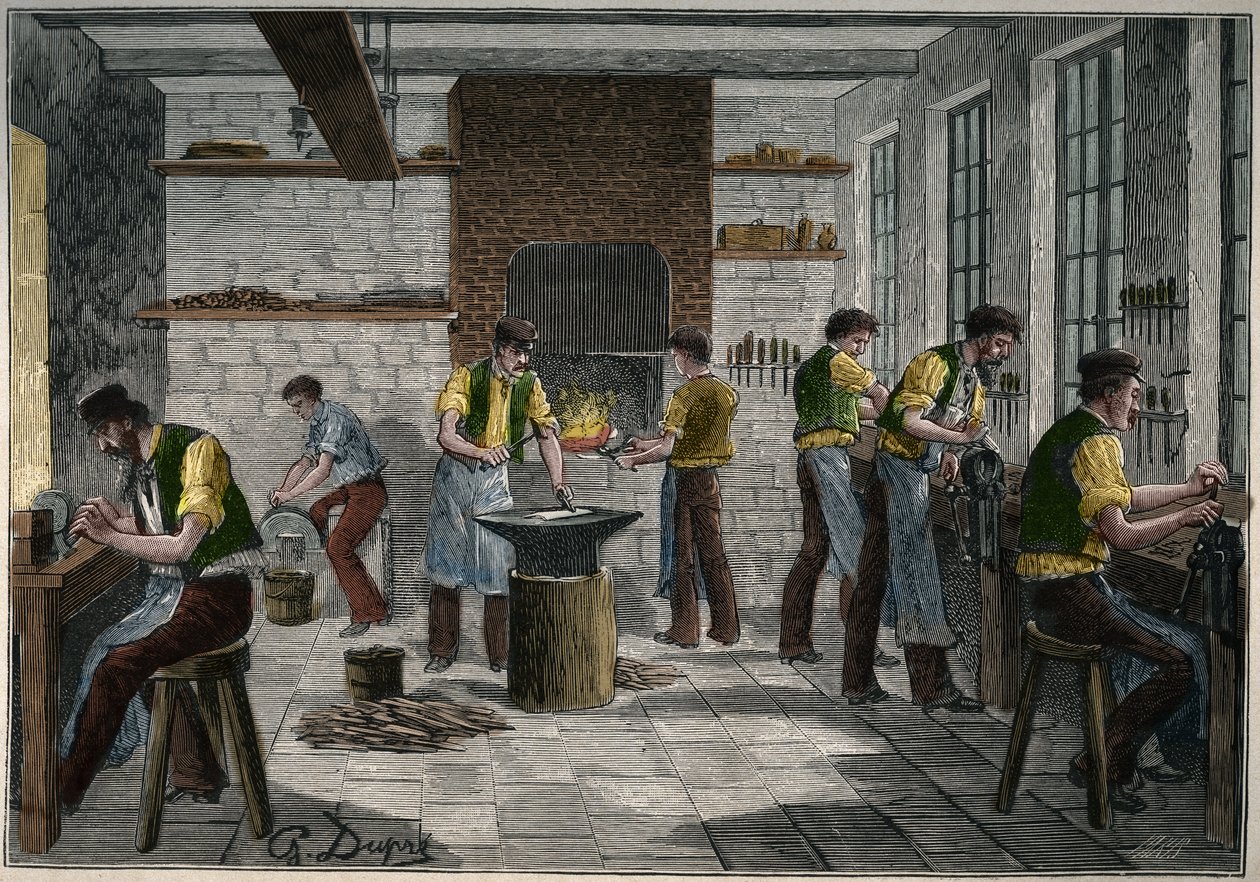 Ruokailuvälinepaja Ranskassa 1800-luvulla. Kaiverrus vuodelta 1885 kirjassa "Les arts et metiers illustres", kirjoittanut Adolphe BITARD. tekijältä Unknown artist