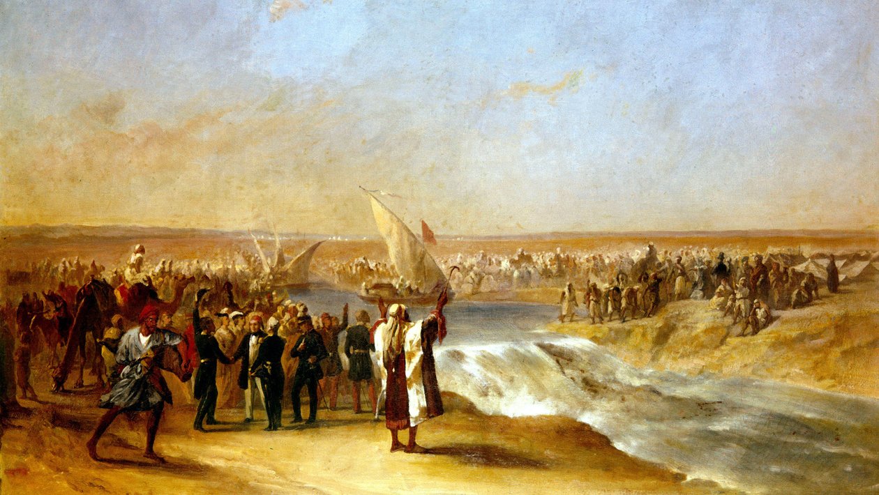 Hänen ylhäisyytensä Ali Pascha leikkaa altaan viimeisen osan Suezin tasangolla 15. elokuuta 1869 tekijältä Unknown