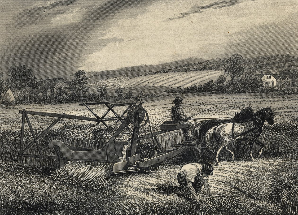 Cyrus McCormickin niittokone vuodelta 1831, esillä Crystal Palace -näyttelyssä vuonna 1851. tekijältä Unknown artist