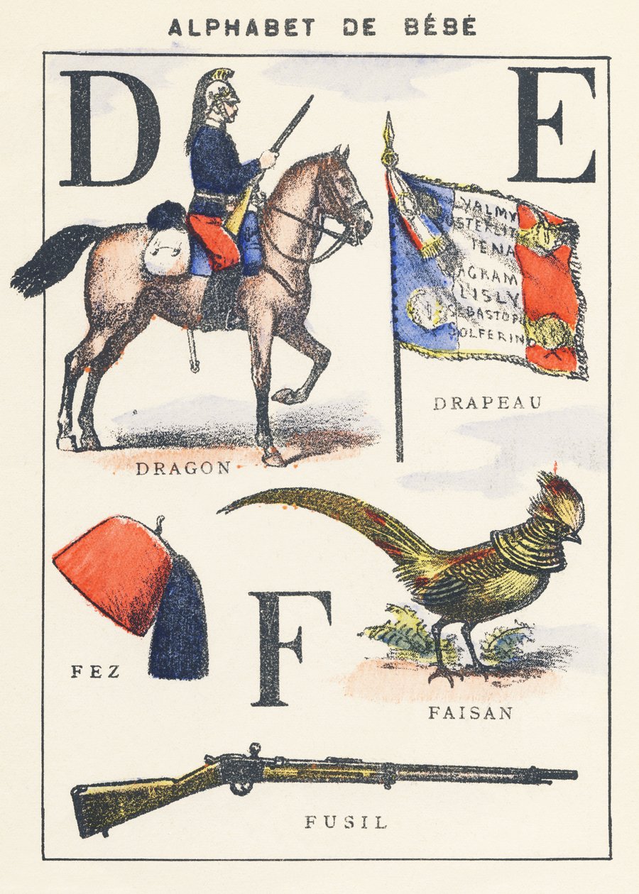 D E F: lohikäärme, lippu, fasaani, fez, kivääri tekijältä Unknown artist
