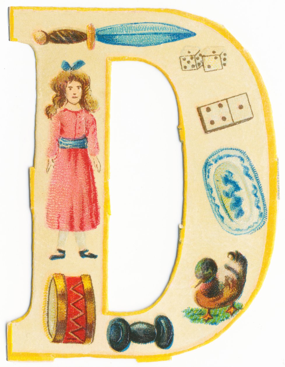 D: tikari, nukke, noppa, domino, rumpu, lautanen, käsipaino, ankka (värinen lito) tekijältä Unknown artist