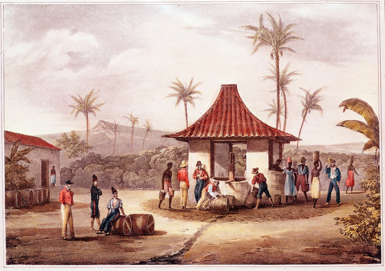 Arkielämää Kap Verdellä (Kap Verde) Kylän asukkaat, jotka ylittävät suihkulähteen. 1800-luvun litografia. Outremerin Lissabonin historiallinen arkisto tekijältä Unknown artist