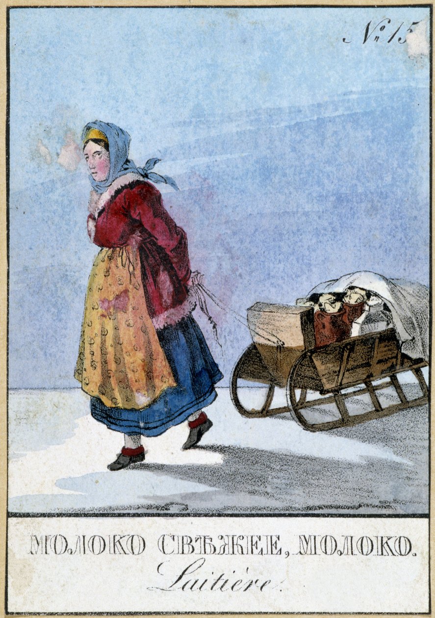 Meijerinainen Venäjällä, joka kantaa maitopurkkejaan rekissä, Bibl. des Arts Deco. tekijältä Unknown artist