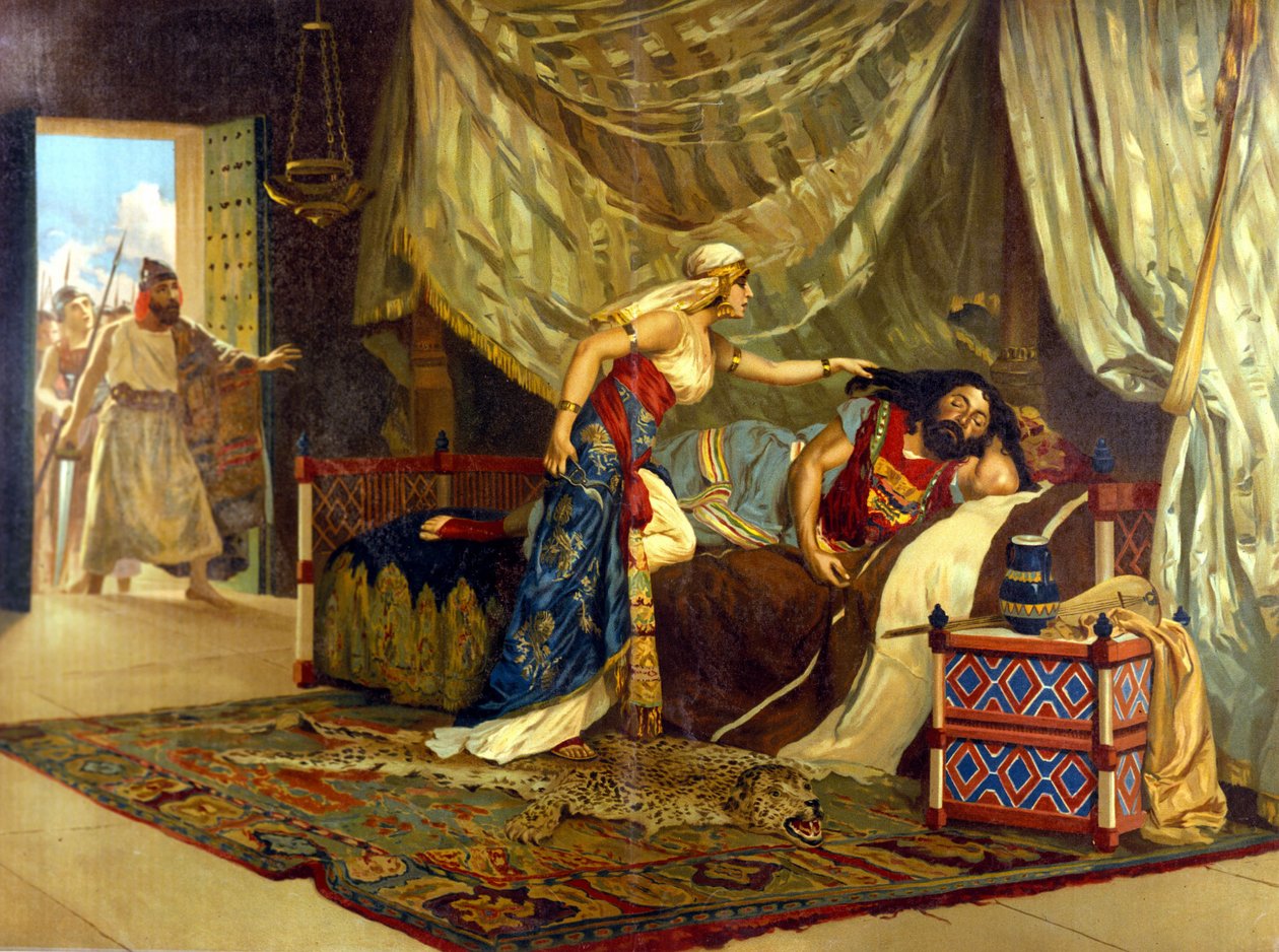 Dalila aikoo leikata Simsonin hiukset uudistaakseen hänen voimansa. 1800-luvulla. tekijältä Unknown artist
