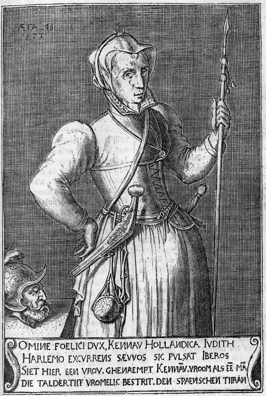 Dame Kenau Simonsdochter Hasselaer (1526-1588), Haarlemin (Hollanti) sankaritar espanjalaisia vastaan vuonna 1572 käydyn taistelun aikana. Kaiverrus 1600-luvulta samanlainen Judith of Holoferne. tekijältä Unknown artist