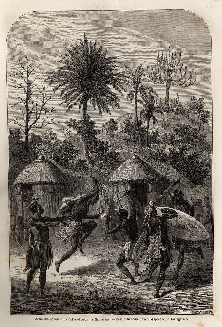 Landiinien tai Zulu-kahvireiden tanssi Shoupangassa (Zambeze-joen oikealla rannalla). Kaiverrus havainnollistamaan tohtori Livingstonen ensimmäisiä matkoja Etelä-Afrikkaan vuosina 1840-1856 "Le tour du monde, nouveau journal des voyages" -julkaisussa, joka tekijältä Unknown artist