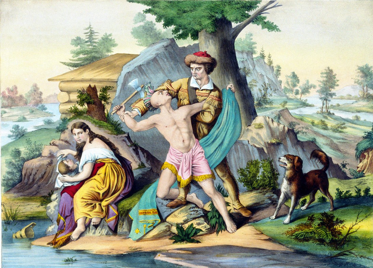 Daniel Boone suojelee perhettään: Daniel Bonne, amerikkalainen pioneeri (1734 - 1820) tappaa intiaanien, joka hyökkää hänen perheensä kimppuun kirveellä. Kaiverrus 1800-luku. tekijältä Unknown artist