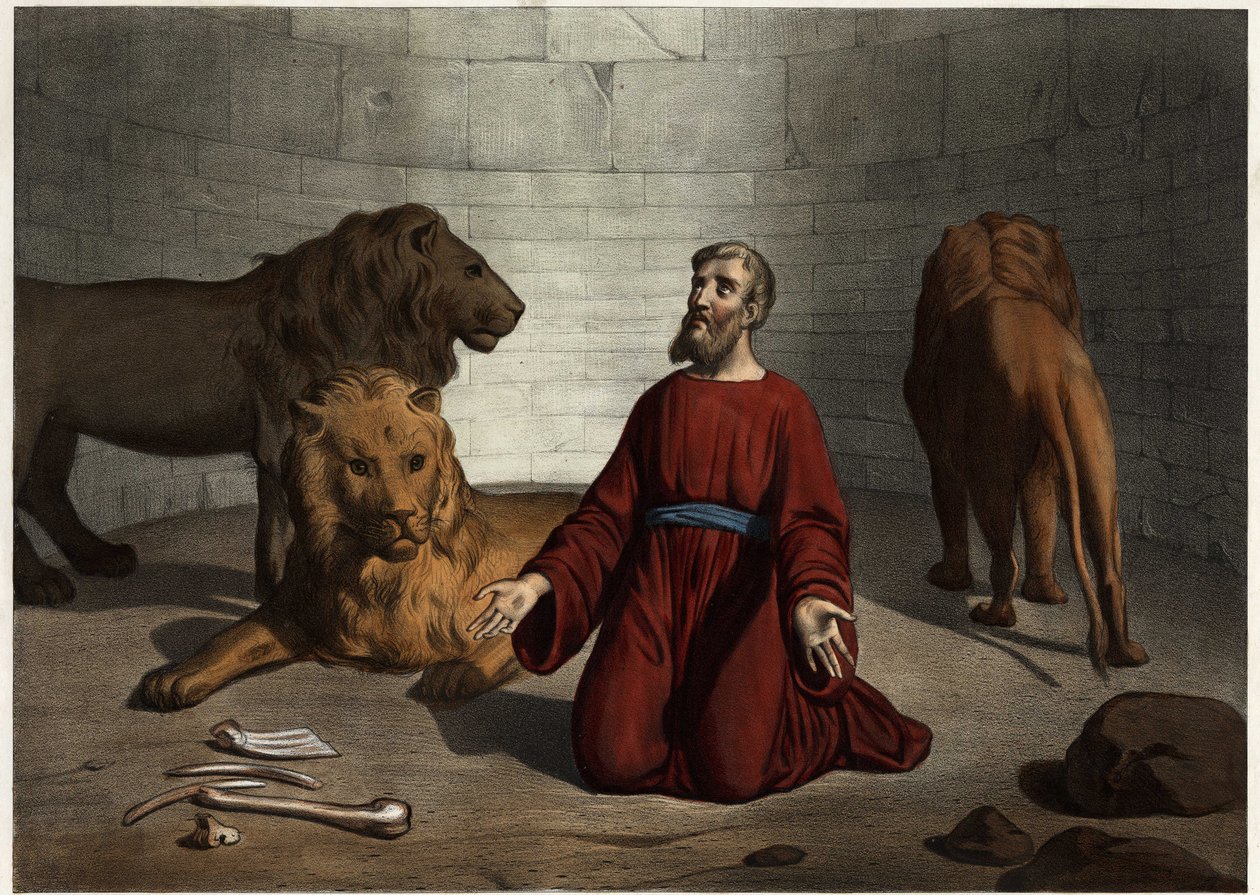 Kuninkaan leijonien luokse heittama Daniel on herran enkeli, joka rauhoittaa pedot. Anonyymi kaiverrus 1800-luvun puolivälistä. tekijältä Unknown artist