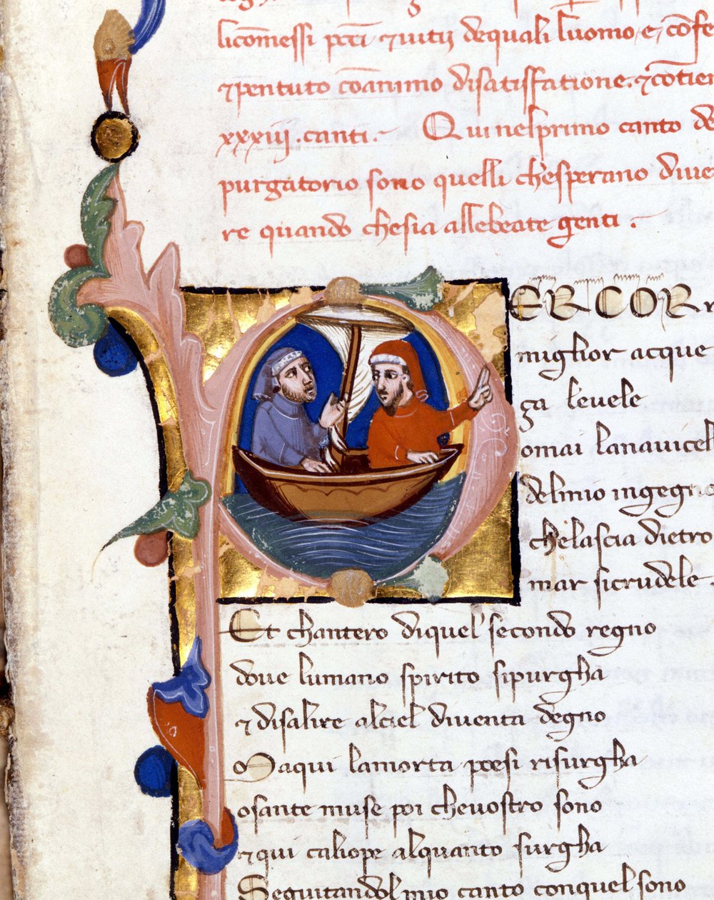 Dante Alighieri: Jumalallinen näytelmä (jumalallinen komedia) Kiirastulen alku. Dante ja Vergilius. 1300-luvun käsikirjoitus. Milanon raamattu. Trivulziana tekijältä Unknown artist