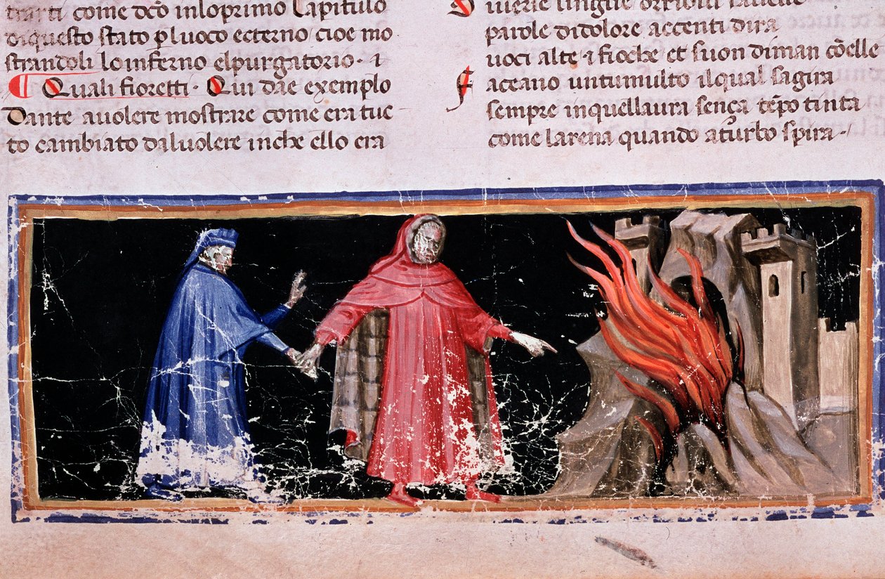 Dante ja Virgil saavat helvetin portit (helvetin laulu 3, jumalaisessa komediassa) - miniatyyri tekijältä Unknown artist