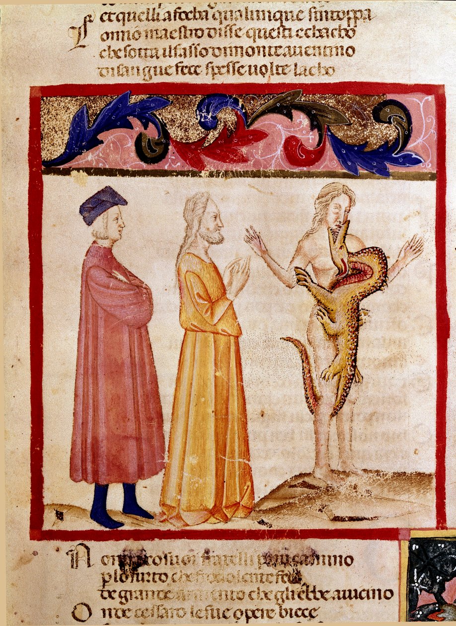 Dante ja Virgil tapaavat syntisen sielun, joka on tuomittu lohikäärmeen syömäksi. Valaistu sivu, joka havainnollistaa Hell-laulua Dante Alighierin (1265-1321) "Divina Commediasta". 1300-luku, Venetsia, Biblioteca Marciana tekijältä Unknown artist