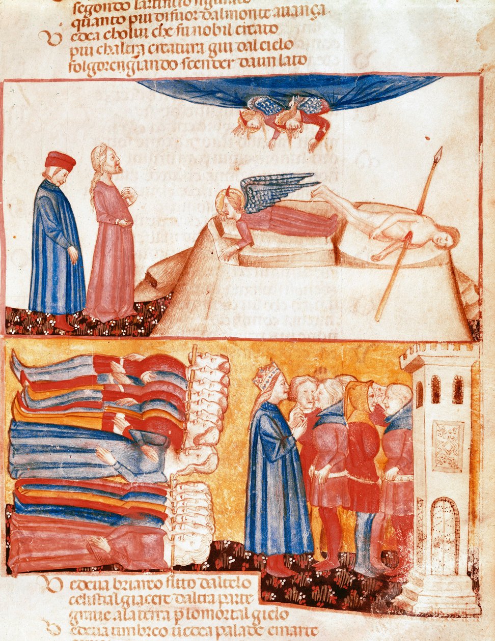 Dante ja Virgil tapaavat väkivaltaisesti kuolleiden ihmisten sielut. Valaistu sivu, joka havainnollistaa Dante Alighierin (1265-1321) "Divina Commedian" laulua Kiirastolasta. 1300-luku, Venetsia, Biblioteca Marciana tekijältä Unknown artist