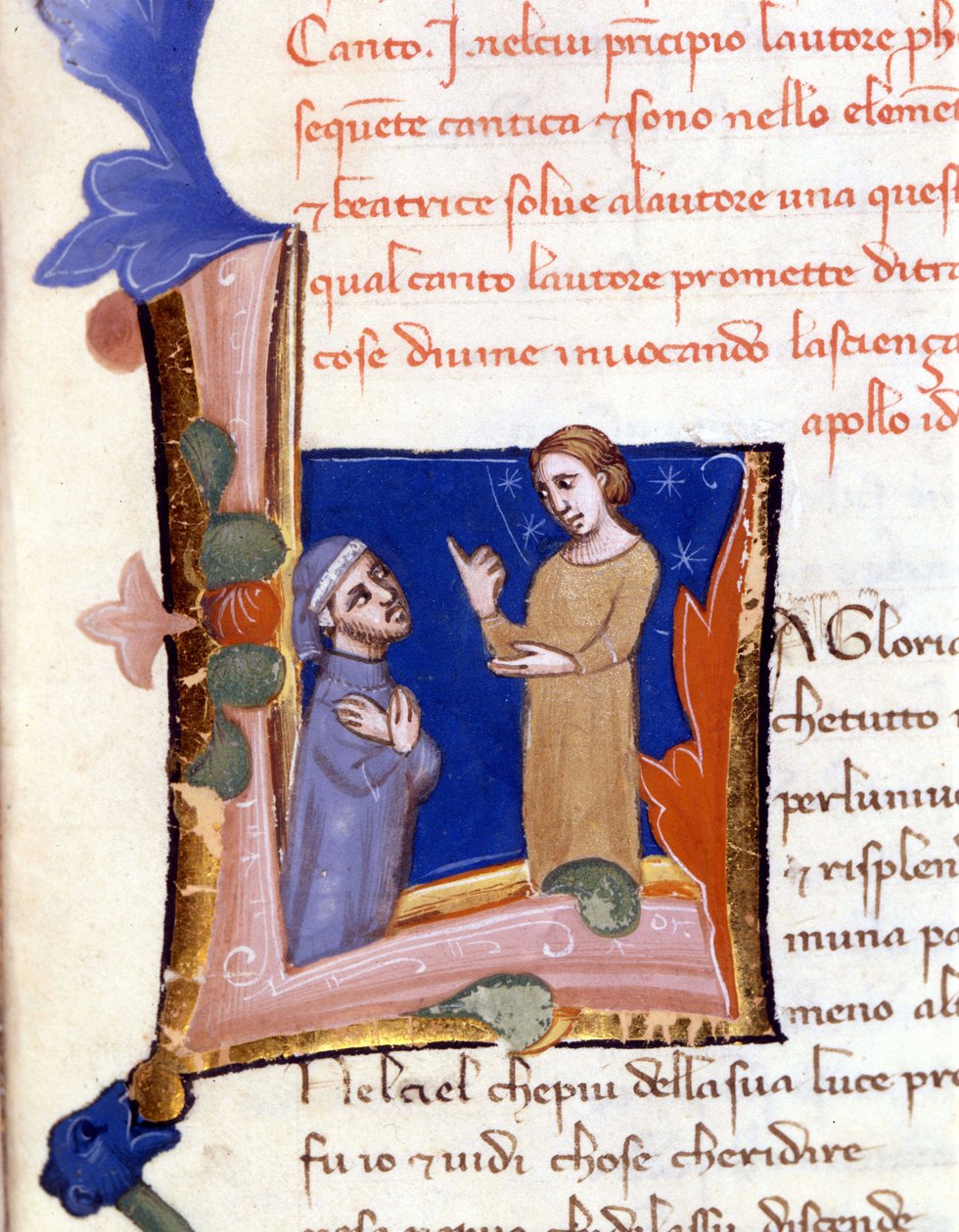 Bèatrice tervehti Dantea paratiisin sisäänkäynnillä. (lettrine "" L ") 1300-luvun Divina Commedian käsikirjoitus (Divine Comedy) Milan Trivulziana -kirjasto tekijältä Unknown artist