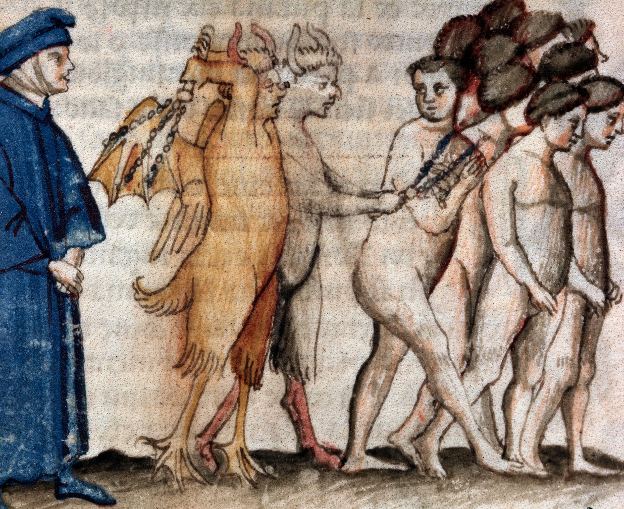 Dante tapaa Venedico Caccianemicon parittajapiirissä (laulu 18 helvetistä, jumalaisessa komediassa) - pienoismalli 1400-luvulta tekijältä Unknown artist