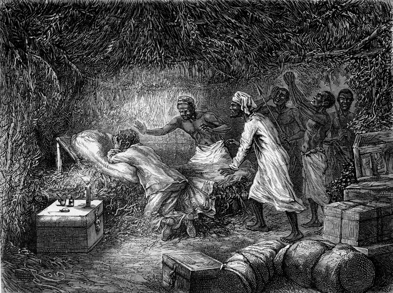 David Livingstone kuoli punatautiin Tchitammbon kylässä vuonna 1873 - "" Livingstonen viimeinen matka 1866-1873"" "" Tour du Monde "", 2. sem. 1875 tekijältä Unknown artist