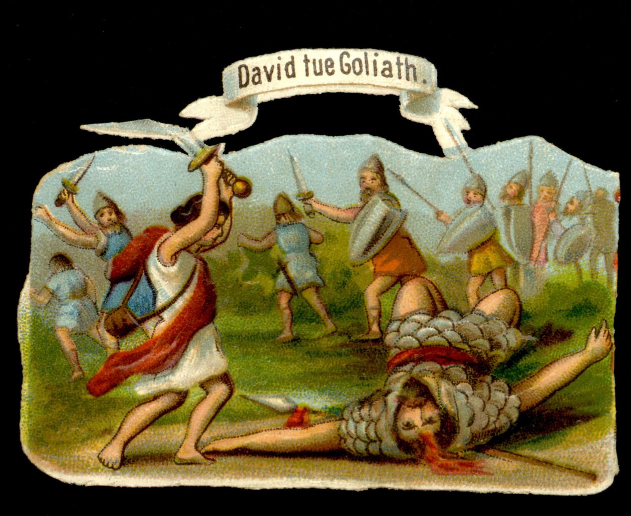 Daavid ja Goljat: Daavid tappaa Goljatin epeellä. 1800-luvun kromolitografia. tekijältä Unknown artist