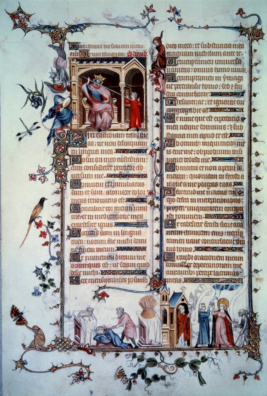 Daavidin uhkaa Saul. Ahneuden allegoria. Ehtoollisen sakramentti. Allegoria hyväntekeväisyydestä. Pienoismalli otettu psalmista "Breviaire de Belleville" tekijältä Unknown artist