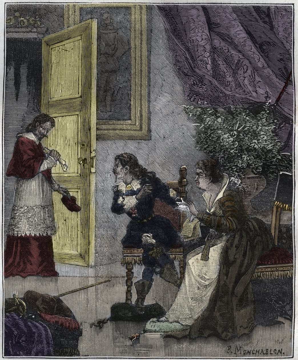 Dupesin päivä - Journee des Dupes 1630 - Aikana, jolloin Marie de Medicis vetosi asiansa, kardinaali Richelieu astui sisään - kuvitus Knee-Lacin "Pariisi läpi vuosisadan" tekijältä Unknown artist