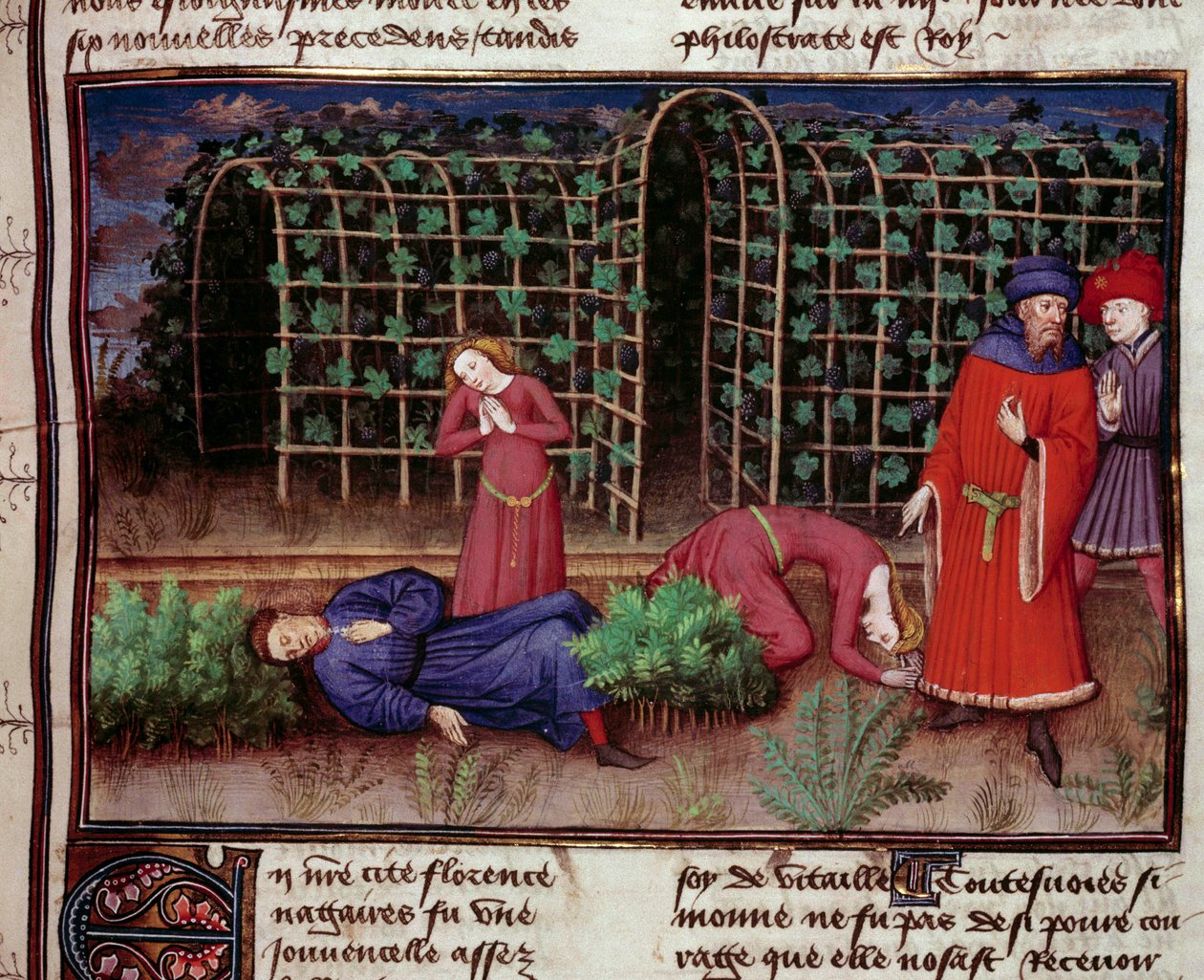 Kuolema Kaksi ihmistä kuoli kuoleman seurauksena. Miniatyyri Jean Boccacen (Giovanni Boccaccio) (1313-1375) Le Decameronista 1450 Pariisi, Arsenaalin kirjasto tekijältä Unknown artist