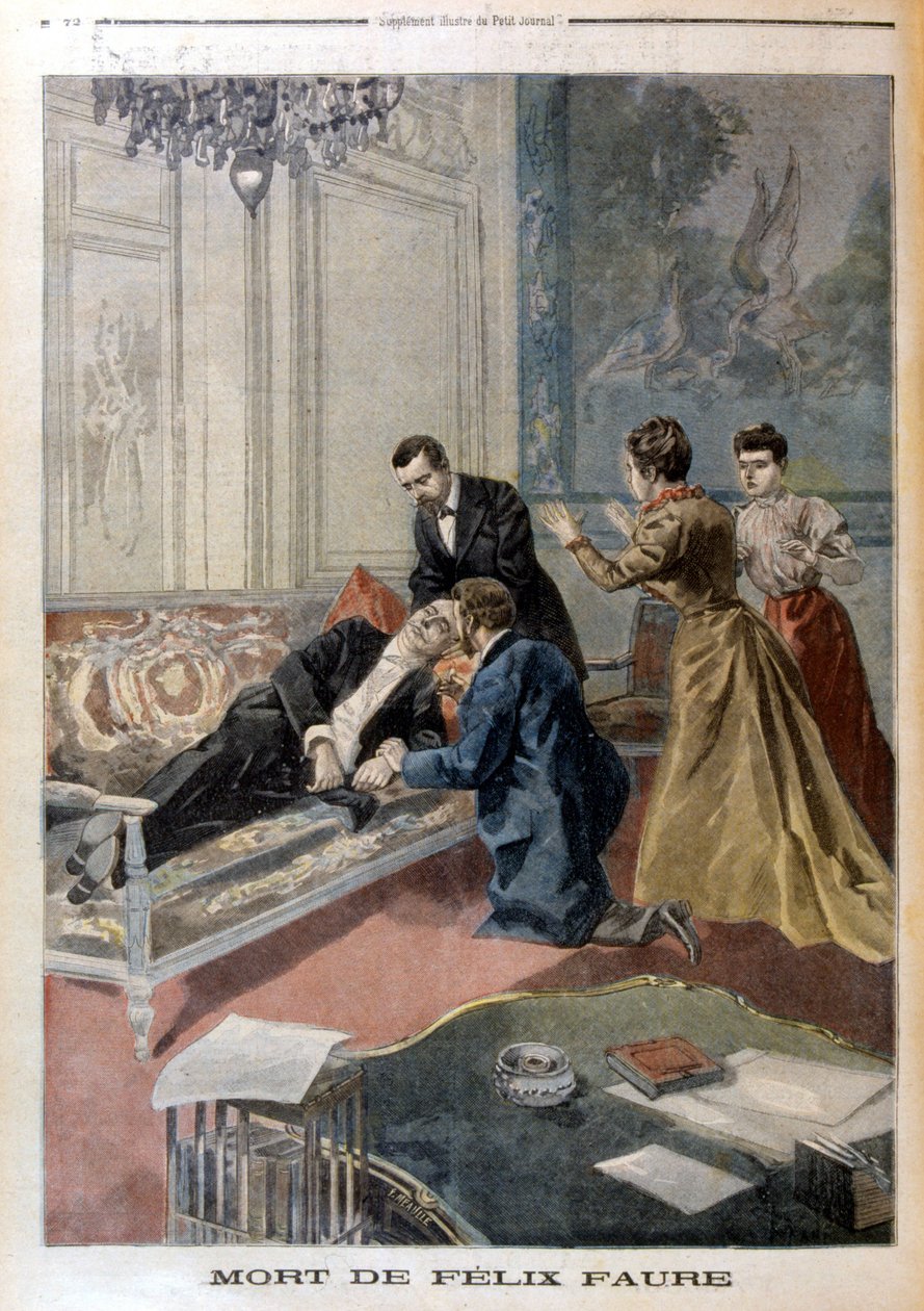 Félix Fauren kuolema Elyséen salongissa - "" Le Petite Journal" -lehdessä 26.2.1899 tekijältä Unknown artist