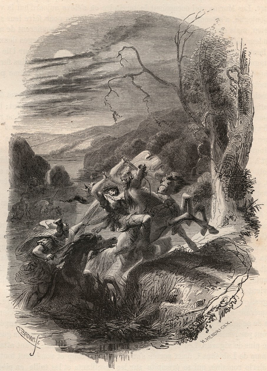Indutiomarus (Induziomaro) Trevires-päällikkö kuoli, Rooman armeija tappoi vuonna 53 eaa. Kaiverrus vuodelta 1868 Theodore Justen (1818-1888) teokseen "Histoire de Belgique primitiivistä Leopold I:n hallituskauden loppuun". Yksityinen kokoelma. tekijältä Unknown artist