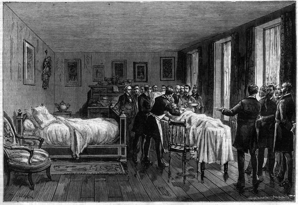 Leon Gambettan (1838-1882) kuolema ranskalainen poliitikko - ruumiinavaus - "The Illustrous Journal" -lehdessä 1883 - tekijältä Unknown artist