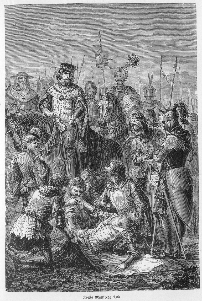 Sisilian kuninkaan Manfredin kuolema - 1266 - Manfred kuoli taistelussa - Beneventin taistelu (26. helmikuuta 1266): Manfred I:n (Hohenstaufenin) kuolema tekijältä Unknown artist