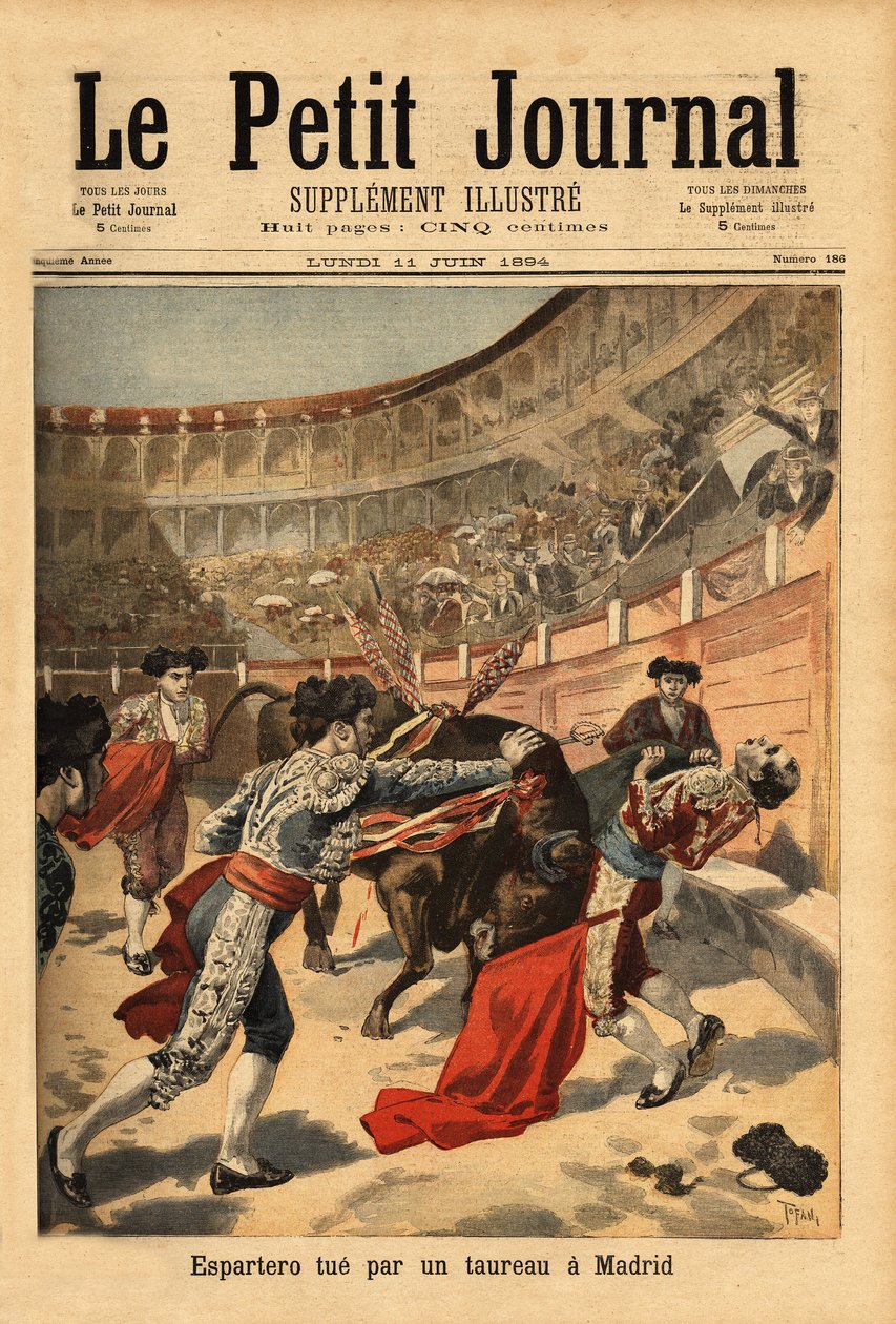 Espanjan matadorin Manuel Garcia dit Espartero (1865-1894) kuolema Madridin areenoilla härän estokadin toimesta. Kaiverrus "" Le petit Journal" -lehdessä 2/07/1894. Selvan kokoelma. tekijältä Unknown artist