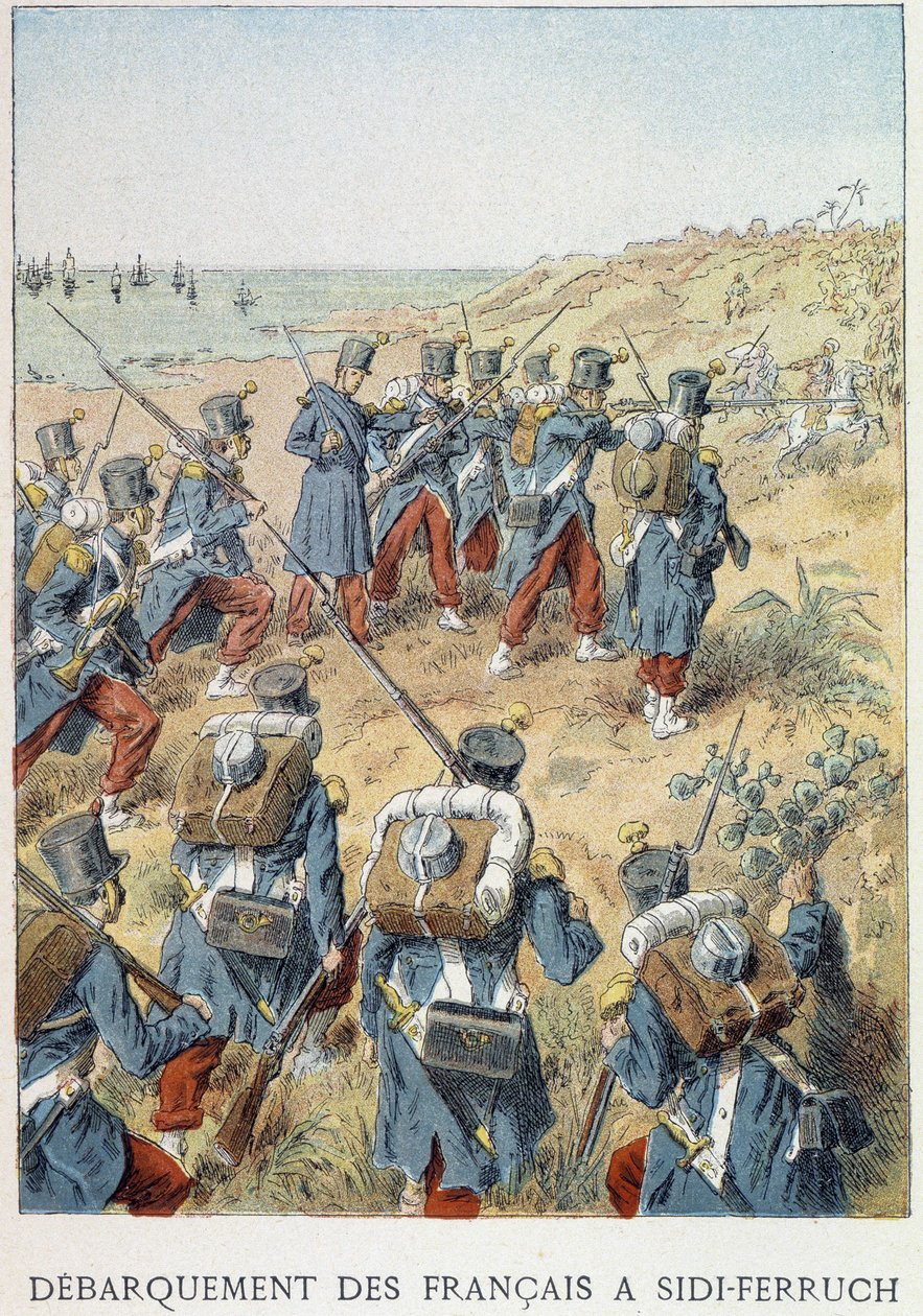 Ranskalaisten maihinnousu Sidissä - Ferruchissa, Algeriassa, 14. kesäkuuta 1830 - "" Histoire de Francessa"" tekijältä Unknown artist