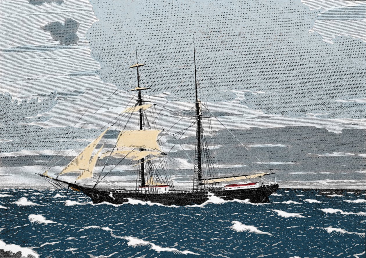 Joulukuussa 1872 Mary Celeste löydetään hylättynä keskellä Atlantia, Acores-saarten edustalta. Kapteeni, hänen vaimonsa ja heidän kaksivuotias tyttärensä sekä kahdeksan miehistön jäsentä katosivat. Kaiverrus 1800-luvulta. tekijältä Unknown artist