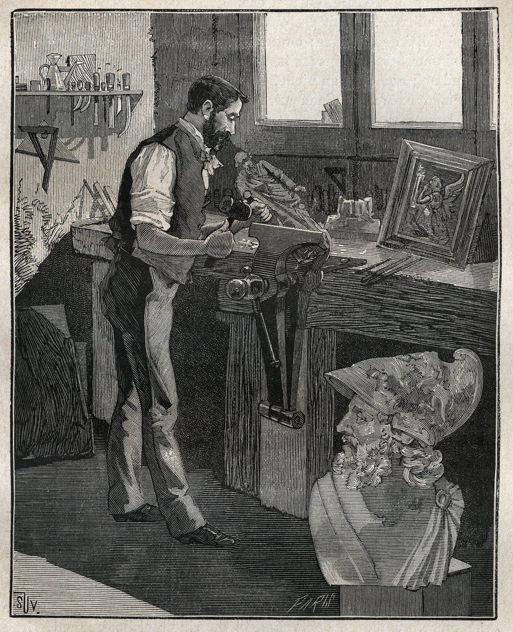 Hopeakoristelu: pronssitaltta. Kaiverrus vuodelta 1885 kirjassa "Les arts et metiers illustres", kirjoittanut Adolphe BITARD. tekijältä Unknown artist